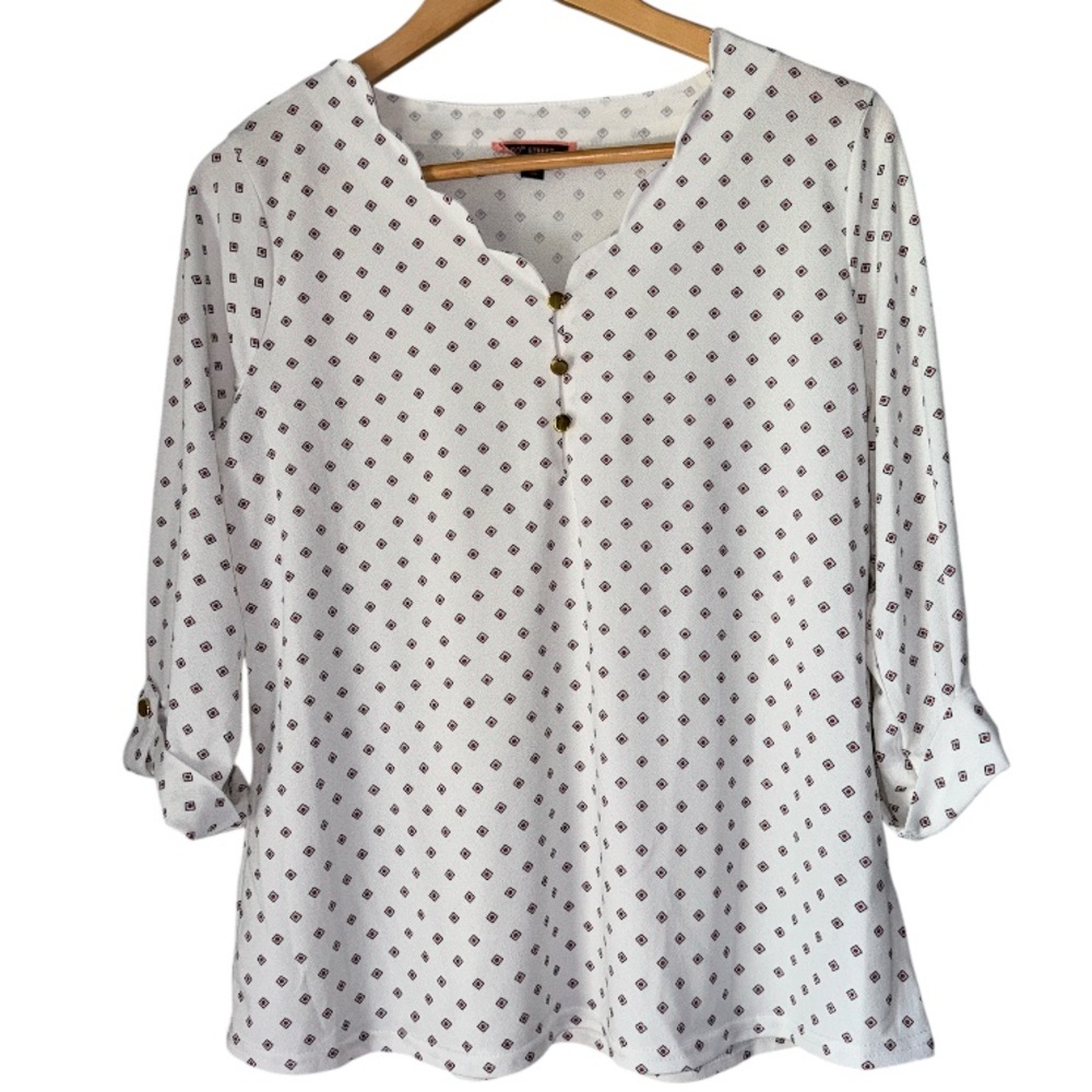 50th Street blouse petite large White Patterned Top 3/4 cuff sleeve